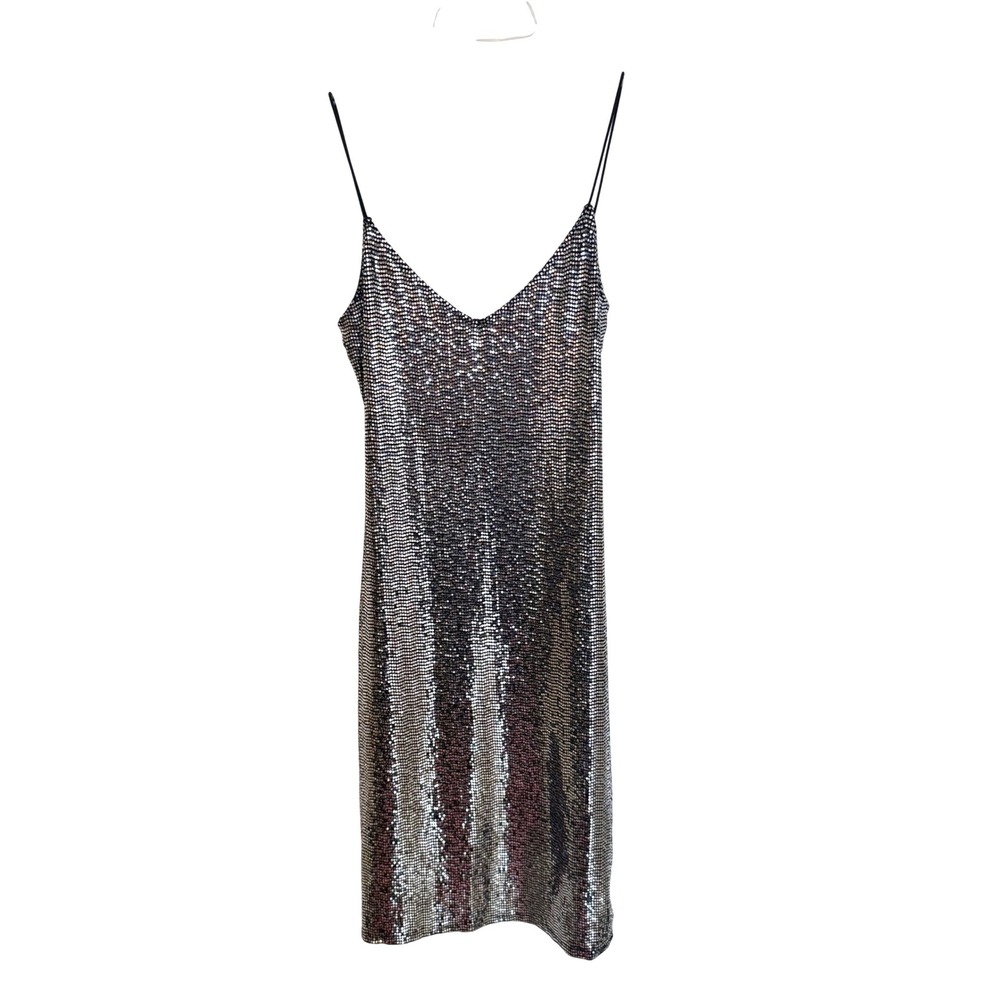 Mind Code Silver Sequin Metallic V-Neck Mini Slip Dress Large Party Bling